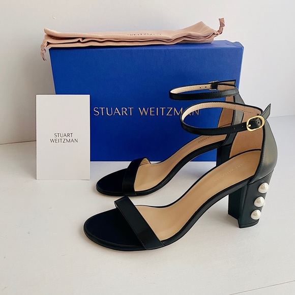 ✨New STUART WEITZMAN NearlyNude Pearl Studded Heel Leather Strappy Sandals 8B - Picture 2 of 10